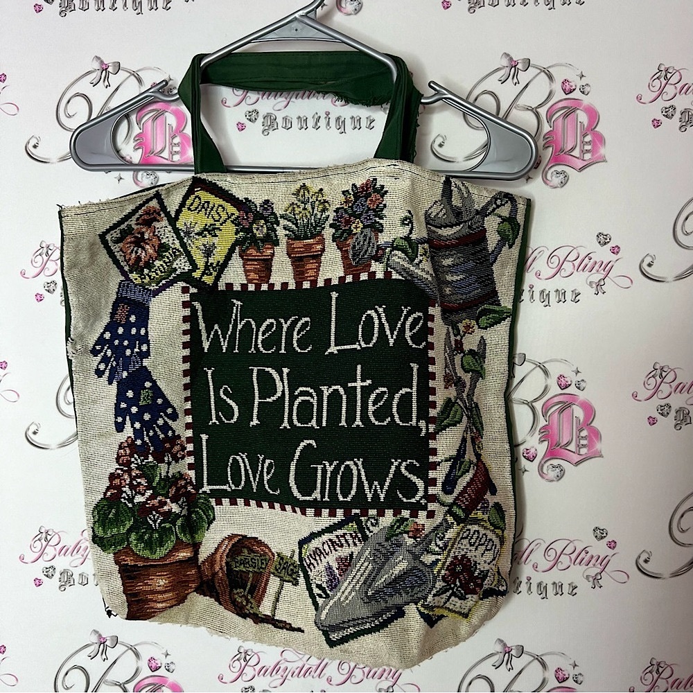Floral Tapestry Tote Bag where love is planted love grows embroidered